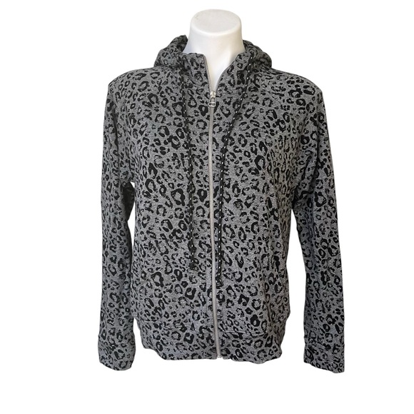 SUNDRY Gray/Black Leopard Print Front Zip Very Soft Hoodie Size 2, Medium - Picture 3 of 12